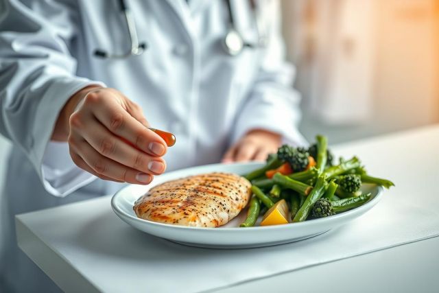 Healthcare professional in white coat preparing a healthy meal. Grilled chicken breast and green beans with vegetables on a white plate. Focus on nutritional diet and wellness concept. Bright, clean, and professional setting.