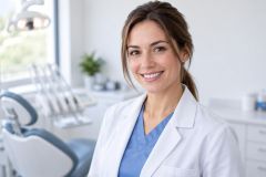 Smiling female dentist in white coat in a bright dental clinic, chair and tools behind.