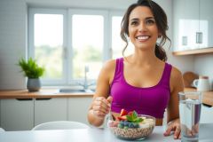 Healthy breakfast! A woman enjoys a bowl of granola with fruit in a bright, modern kitchen. Focus on wellness, fitness, and nutritious food.