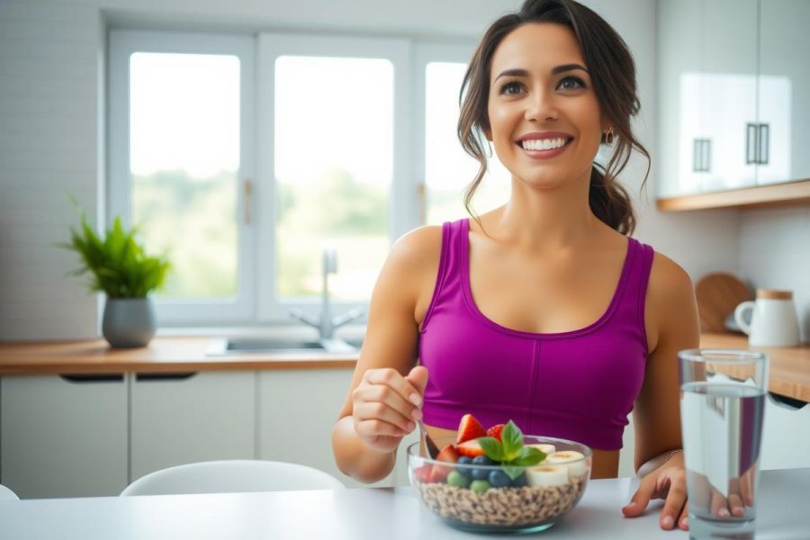 Healthy breakfast! A woman enjoys a bowl of granola with fruit in a bright, modern kitchen. Focus on wellness, fitness, and nutritious food.