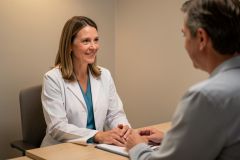 Smiling clinician consulting a patient across a desk, discussing treatment options and cost considerations.
