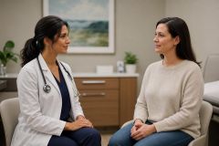 Doctor and patient engaged in a calm clinical consultation in a modern exam room.