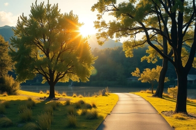 This image captures a peaceful scene of a country road at sunrise. The road is set against a backdrop of lush greenery and trees, with the warm colors of the rising sun creating a serene atmosphere.