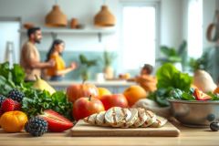 Freshly sliced bread on a wooden board with vibrant fruits and greenery in a bright, modern kitchen setting. Healthy food, natural light, and a warm, inviting atmosphere.