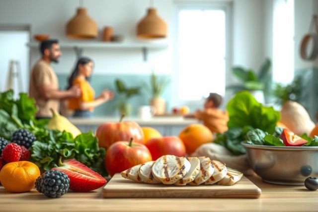 Freshly sliced bread on a wooden board with vibrant fruits and greenery in a bright, modern kitchen setting. Healthy food, natural light, and a warm, inviting atmosphere.