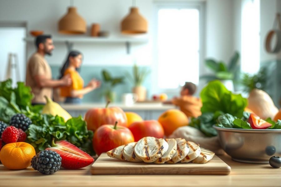 Freshly sliced bread on a wooden board with vibrant fruits and greenery in a bright, modern kitchen setting. Healthy food, natural light, and a warm, inviting atmosphere.
