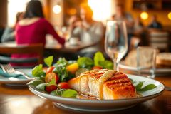 Grilled salmon dish with cherry tomatoes and greens, served on a plate. Restaurant setting with blurred background, featuring warm lighting and a cozy atmosphere. Focus on the delicious-looking seafood meal.