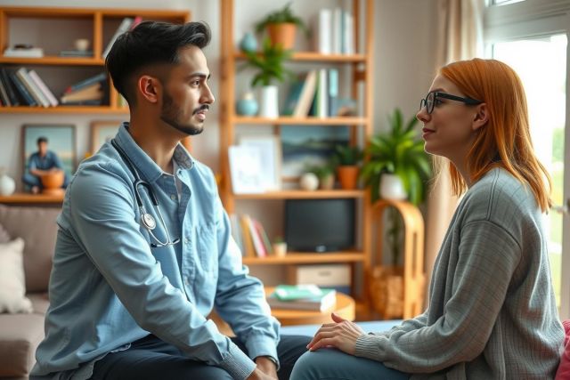 The image depicts a man and a woman sitting in a living room. The man is wearing a stethoscope around his neck, suggesting that he might be a medical professional. They appear to be engaged in a conversation or consultation of some sort. The room has a cozy, homey atmosphere with bookshelves and plants adding to the warmth of the setting.