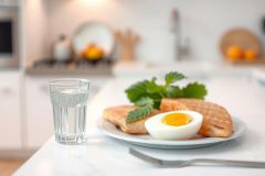 Close-up of a healthy breakfast featuring smoked salmon, a boiled egg, and fresh basil on a plate. A glass of water sits nearby on a white marble surface. Bright, natural light.