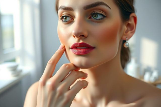 Portrait of a woman with striking makeup and a contemplative pose. Soft lighting highlights her features and a stylish necklace. The background suggests an elegant interior space. Focus on beauty, fashion, and lifestyle.