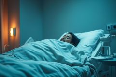 Man resting in a hospital bed, bathed in cool blue light. The scene portrays recovery or illness within a clinical setting, with a bedside table and wall lamp visible. Focus on healthcare, patient care, and peaceful rest.