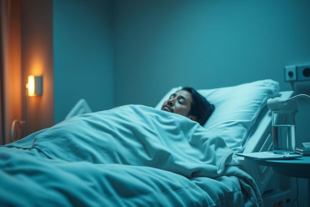 Man resting in a hospital bed, bathed in cool blue light. The scene portrays recovery or illness within a clinical setting, with a bedside table and wall lamp visible. Focus on healthcare, patient care, and peaceful rest.