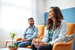 Two doctors in an examination room. A female doctor in a white coat sits with a male doctor in a modern, bright office with orange chairs and green accent walls. Healthcare environment.