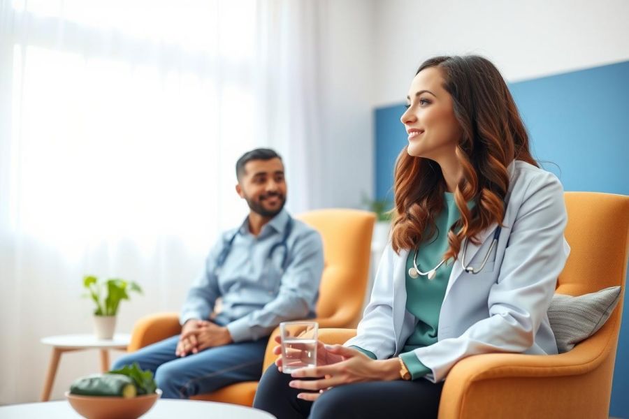 Two doctors in an examination room. A female doctor in a white coat sits with a male doctor in a modern, bright office with orange chairs and green accent walls. Healthcare environment.