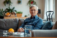 An elderly gentleman sits on a sofa with a glass of water, a tablet, and an orange in front of him. The room's calm and relaxed atmosphere is ideal for relaxation.