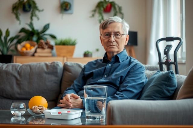 An elderly gentleman sits on a sofa with a glass of water, a tablet, and an orange in front of him. The room's calm and relaxed atmosphere is ideal for relaxation.