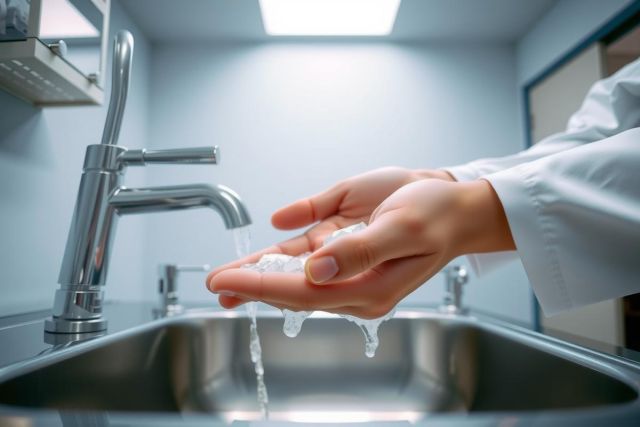 Hands washing under a faucet. Close-up view shows water droplets and a metallic sink. The scene suggests hygiene and cleanliness, possibly in a medical or laboratory setting. Blue and silver tones dominate the image.