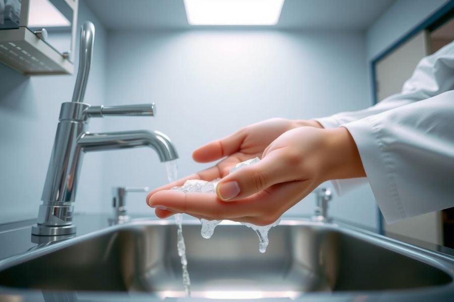 Hands washing under a faucet. Close-up view shows water droplets and a metallic sink. The scene suggests hygiene and cleanliness, possibly in a medical or laboratory setting. Blue and silver tones dominate the image.