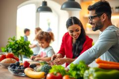 Family cooking together in a bright kitchen. Parents are chopping vegetables while a child looks on. Fresh produce and fruits are on the counter, creating a healthy and cheerful atmosphere.