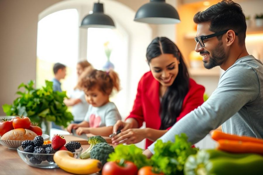 Family cooking together in a bright kitchen. Parents are chopping vegetables while a child looks on. Fresh produce and fruits are on the counter, creating a healthy and cheerful atmosphere.