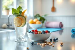 Fresh fruit and berries arranged on a kitchen countertop. Includes a glass of water with lemon and mint, a bowl of blueberries, and raspberries.  A bright, healthy breakfast or snack scene.