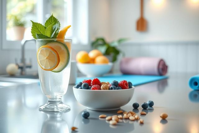 Fresh fruit and berries arranged on a kitchen countertop. Includes a glass of water with lemon and mint, a bowl of blueberries, and raspberries.  A bright, healthy breakfast or snack scene.