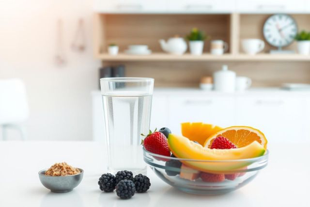 Fresh fruit platter with strawberries, melon, and blackberries in a glass bowl. Includes a glass of water and a small dish of granola. Bright, healthy breakfast or snack scene with a minimalist, clean kitchen background.