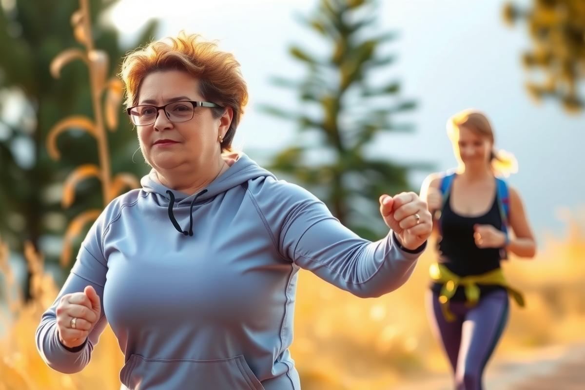 The image depicts a female runner in a park, running on a dirt path. There is another person jogging behind her. The female in the lead is wearing athletic attire and has her arms pumping, indicating movement.
