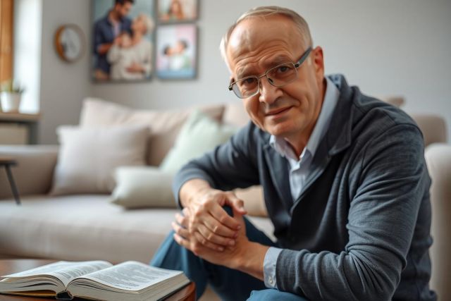 The image is a photograph featuring an adult male seated on a couch with his legs crossed. He has short hair, wears glasses and a dark sweater. His expression appears to be one of thoughtful contemplation or perhaps fatigue. In front of him on the coffee table is an open book, suggesting a moment of reading or reflection.