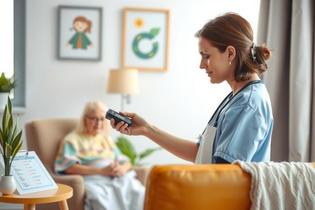 Healthcare worker administering medication to an elderly patient in a brightly lit home setting. Focus on compassionate care and senior wellness.