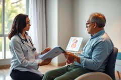 Doctor discusses medical results with a patient in a bright, modern office setting. Focus on healthcare consultation, medical diagnosis, and patient care. Blue shirt, white coat, exam room, and charts visible.