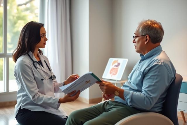Doctor discusses medical results with a patient in a bright, modern office setting. Focus on healthcare consultation, medical diagnosis, and patient care. Blue shirt, white coat, exam room, and charts visible.