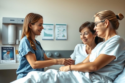 The image depicts three healthcare professionals in a hospital setting. They appear to be interacting and discussing patient care. The woman in the foreground is holding a clipboard, possibly reviewing medical records or instructions. The environment suggests a professional atmosphere with clinical equipment visible in the background. The colors are typical of medical environments, with white walls and sterile-looking surfaces. The context seems to be related to healthcare delivery, teamwork, and patient care.