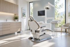 Modern dental operatory with reclining chair, overhead light, monitor, and clean cabinetry.