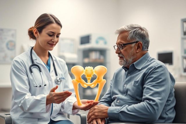 Doctor explaining a pelvis model to an elderly patient in a medical clinic. The image features a female physician in a white coat, a senior man with glasses, and an orange anatomical model. Healthcare, anatomy, and patient consultation are key themes.