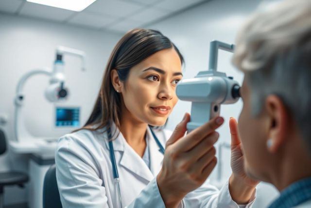 Eye exam in a modern clinic. An optometrist in a white coat performs a vision test on a patient using specialized equipment. Bright, clean environment with focus on eye care and health.