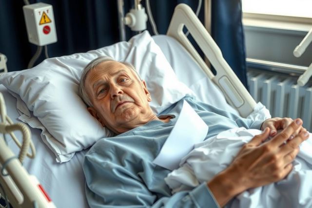 A man, possibly elderly or sickly, is lying in a hospital bed. He appears to be in a state of rest or sleep. The room has medical equipment attached to him and around the bed, suggesting he's in a monitored environment.