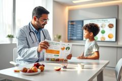 Doctor consults with a young boy in a bright, modern clinic. They review a nutrition guide surrounded by fresh fruit, promoting healthy eating habits and pediatric healthcare. The scene features a clean, white environment and focuses on wellness and child health.