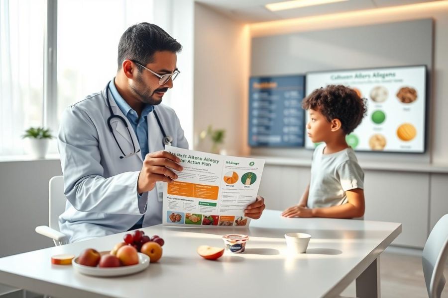 Doctor consults with a young boy in a bright, modern clinic. They review a nutrition guide surrounded by fresh fruit, promoting healthy eating habits and pediatric healthcare. The scene features a clean, white environment and focuses on wellness and child health.
