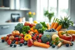 Abundant fresh produce display featuring vibrant fruits and vegetables. Includes broccoli, carrots, strawberries, blueberries, tomatoes, and peppers arranged on a kitchen countertop. Bright, natural light highlights the healthy food arrangement, promoting a wellness and nutrition theme.