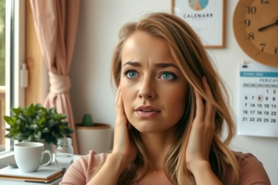 The image features a woman in a domestic setting. She has blonde hair, blue eyes and is looking to her left with a concerned expression on her face. Her hands are on the side of her head.