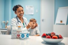 A pediatrician consults with a young child in a bright, modern medical office. Various milk alternatives (almond, dairy-free) and fresh berries are displayed on a table, suggesting dietary considerations. The scene conveys a focus on pediatric health and nutrition.