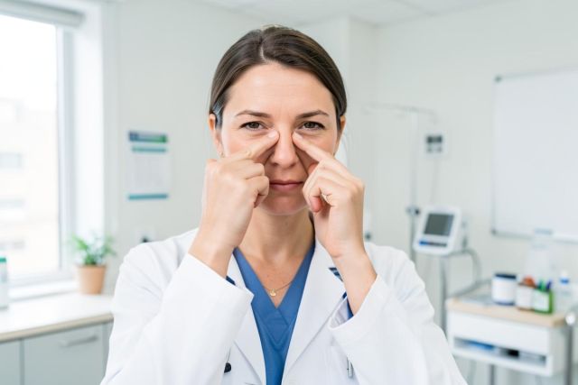 Physician demonstrating sinus-pressure technique, pressing the sides of her nose in an exam room.