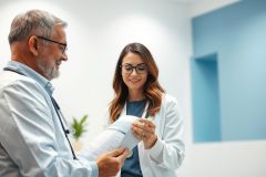 Doctor and female healthcare professional reviewing a medical report in a modern clinic setting. The image features a white and blue color palette, showcasing a consultation scene with focus on patient care and medical expertise. Healthcare, doctor, prescription, consultation.