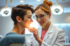 A female doctor in a white coat and glasses examines a patient in a brightly lit medical office. The scene conveys healthcare, consultation, and medical check-up.