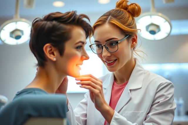 A female doctor in a white coat and glasses examines a patient in a brightly lit medical office. The scene conveys healthcare, consultation, and medical check-up.