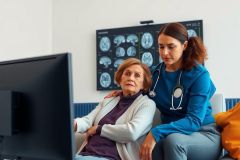A healthcare professional comforts an elderly patient in a home setting. The scene depicts caregiving, potentially for memory loss or cognitive decline, with medical equipment visible. Warm colors and a supportive interaction are evident.