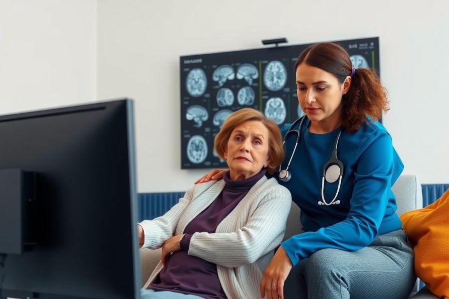 A healthcare professional comforts an elderly patient in a home setting. The scene depicts caregiving, potentially for memory loss or cognitive decline, with medical equipment visible. Warm colors and a supportive interaction are evident.