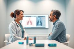 Doctor consults with a patient in a medical office setting. The image features a female physician in a white coat discussing respiratory health with a male patient, with a lung X-ray displayed on a screen. Inhalers are visible on the table, suggesting asthma or COPD treatment. Healthcare, consultation, and respiratory care themes are prominent.