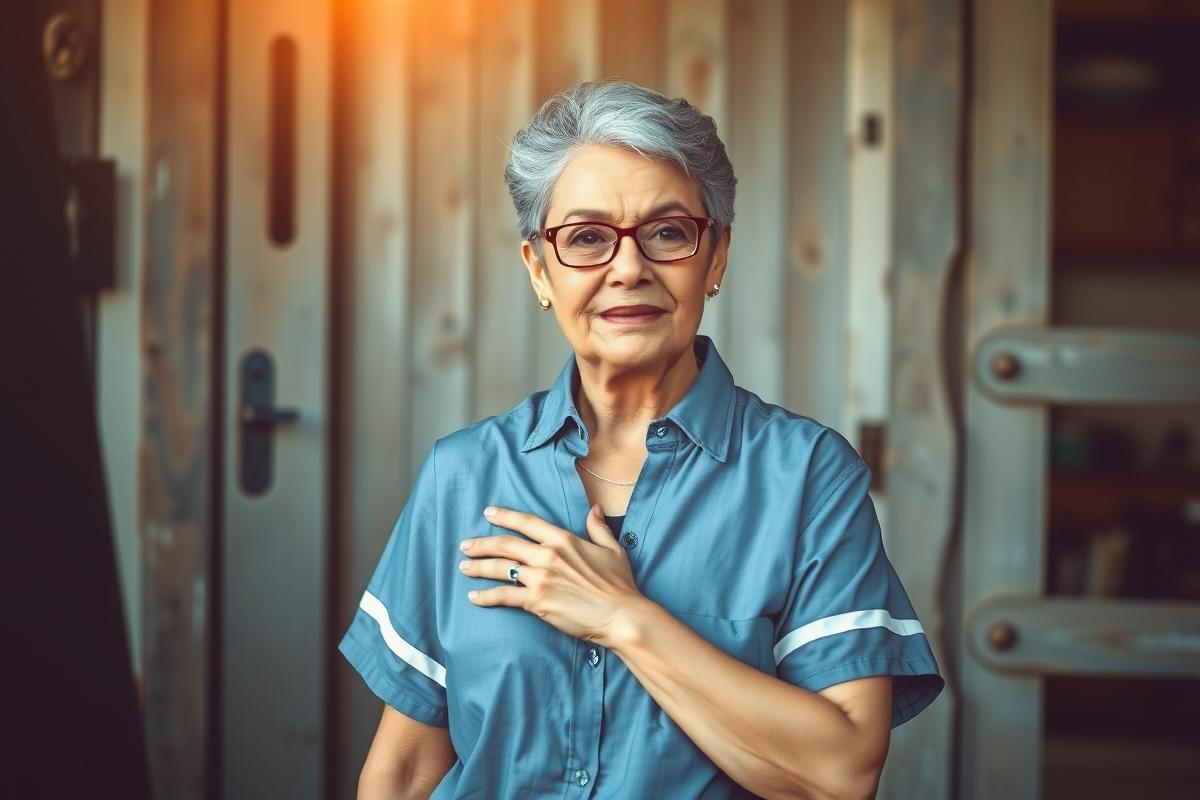The image depicts a senior woman standing in front of a rustic wooden door. She has grey hair, is wearing glasses and a blue apron over her white shirt. Her expression is gentle and serene as she places her hand on her chest with her eyes closed, possibly indicating a moment of peace or gratitude.